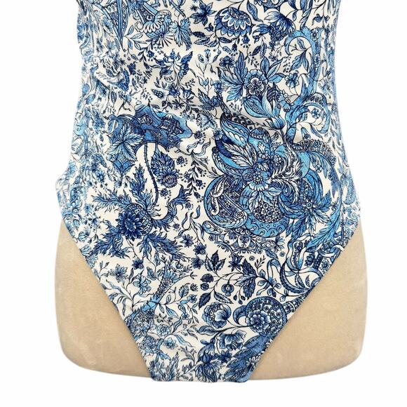 Berlook NWT Sz L Blue Retro Floral Drawstring Ruched Keyhole One-Piece Swimsuit - Picture 6 of 11